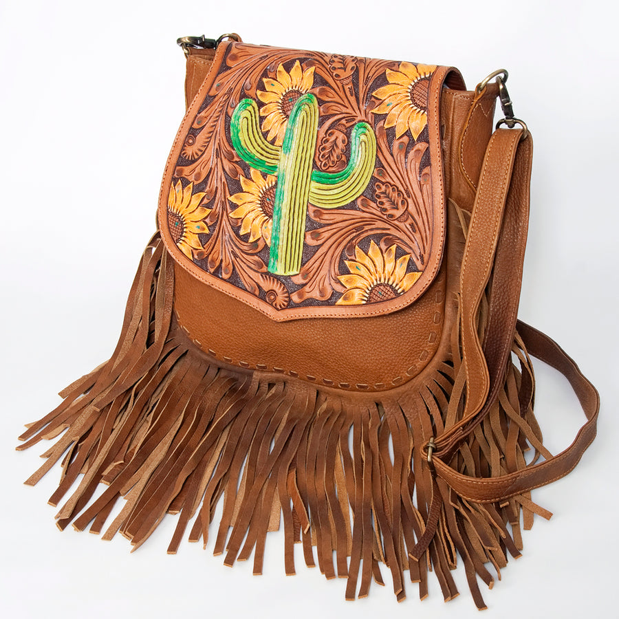 American Darling Hand Tooled Sunflower Messenger Bag - Fringed Western Leather Purse - Uhorse