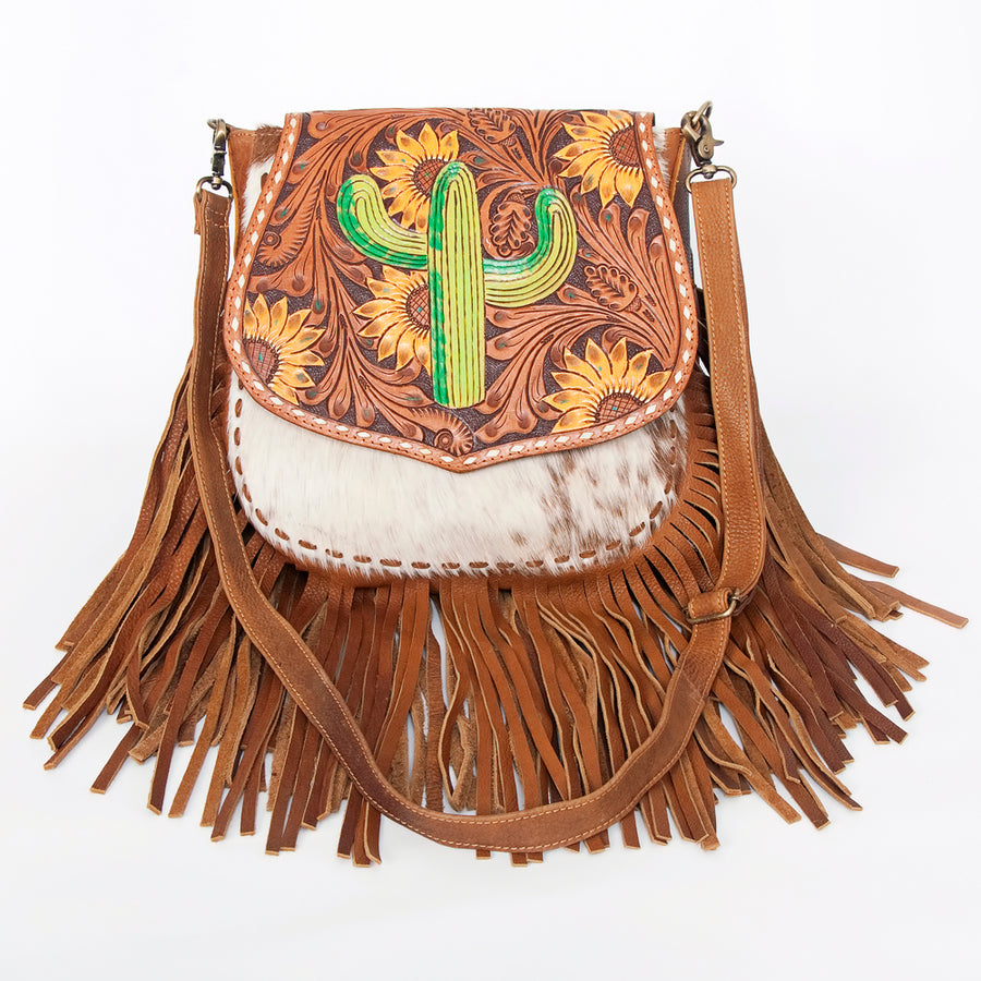 American Darling Messenger Bag Hand Tooled Sunflower Cactus Leather with Fringes Western Crossbody 11.5in x 11.5in