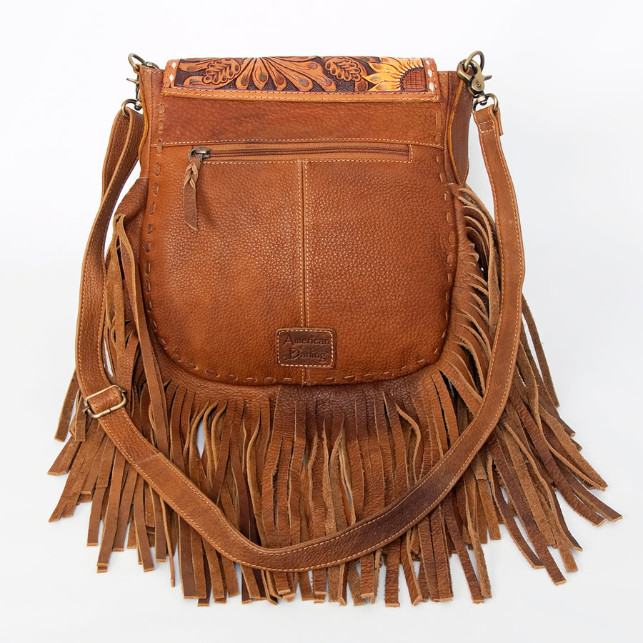 American Darling Messenger Bag Hand Tooled Sunflower Cactus Leather with Fringes Western Crossbody 11.5in x 11.5in