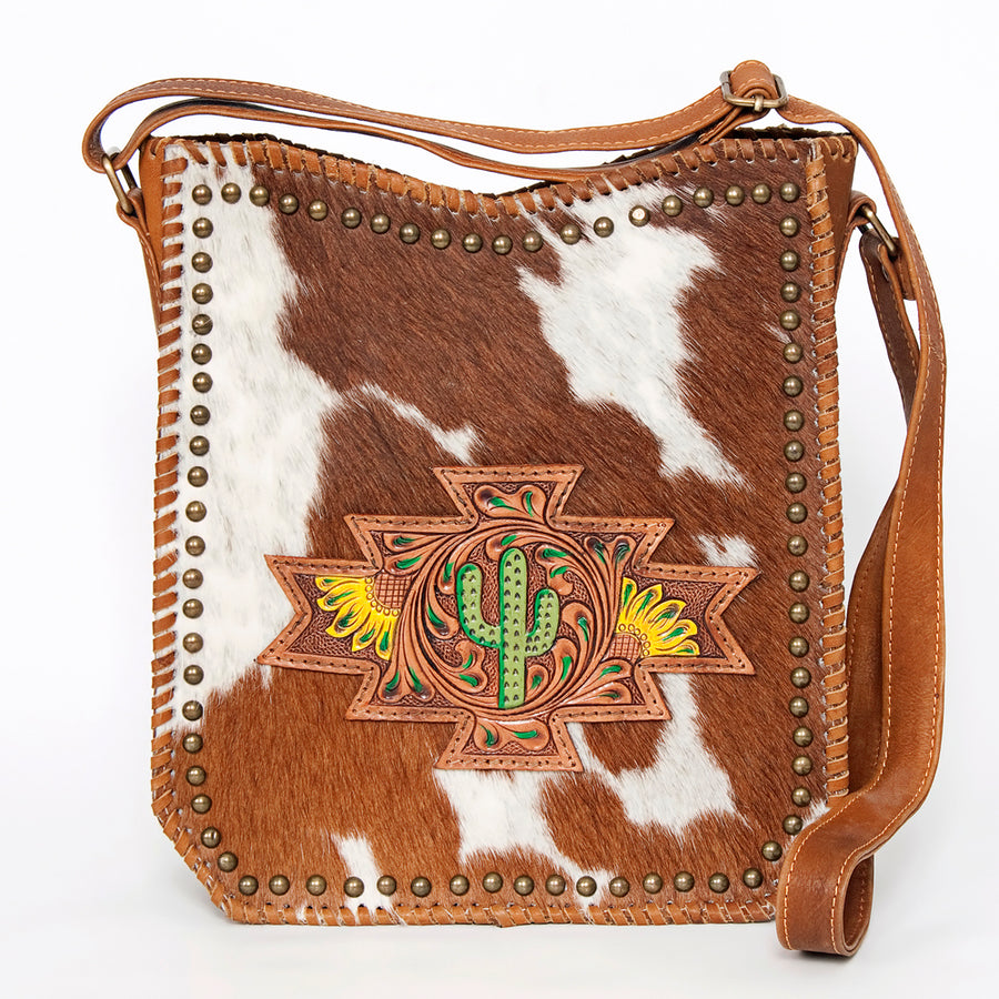 American Darling Large Cross body Bag Hand Tooled Cactus Floral Hair-On Cowhide Western Leather Purse 11.5in x 11in