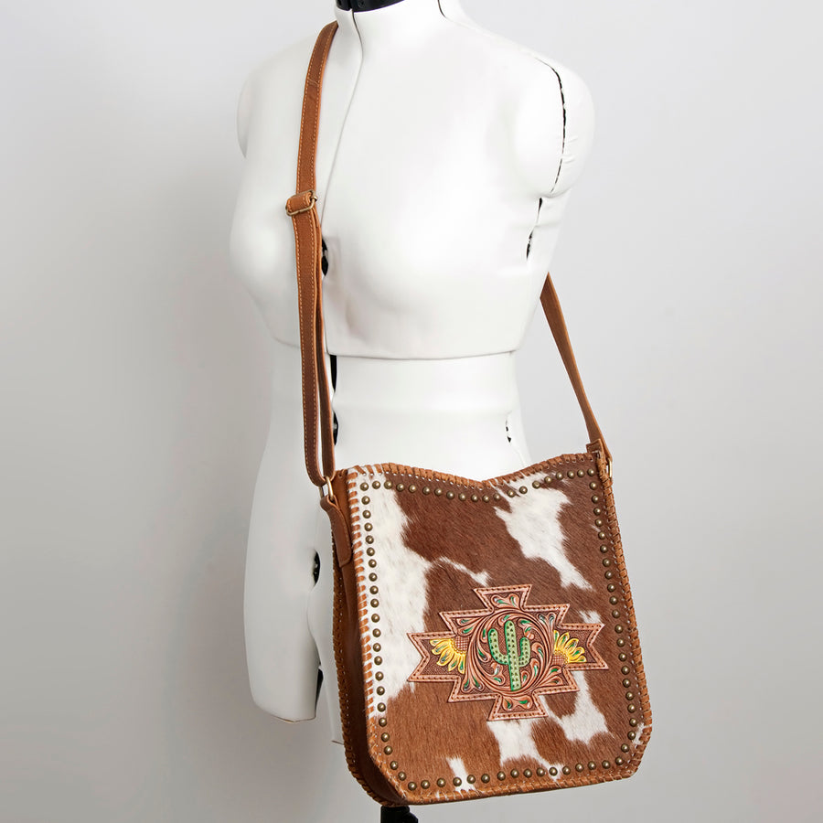 American Darling Large Cross body Bag Hand Tooled Cactus Floral Hair-On Cowhide Western Leather Purse 11.5in x 11in