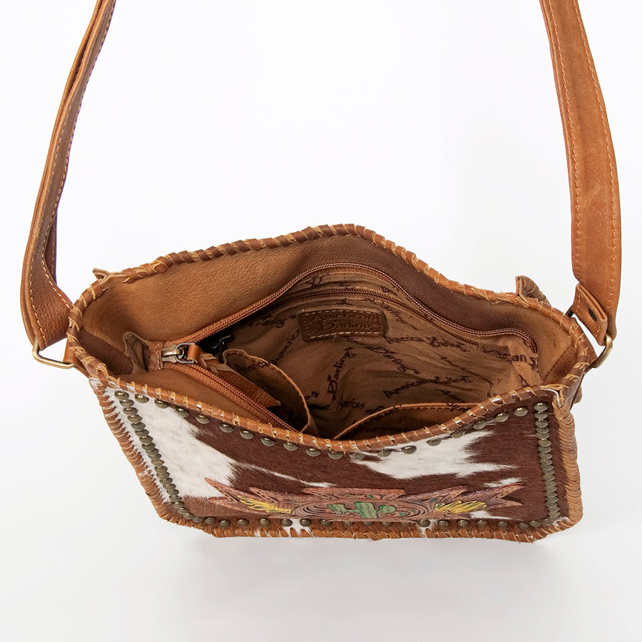 American Darling Large Cross body Bag Hand Tooled Cactus Floral Hair-On Cowhide Western Leather Purse 11.5in x 11in
