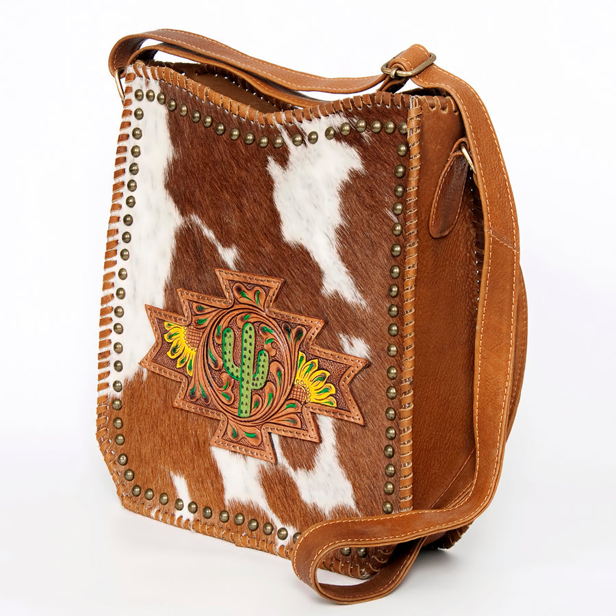 American Darling Hand Tooled Large Cross body Bag - Hair-On Cowhide Western Leather Purse - Hilason