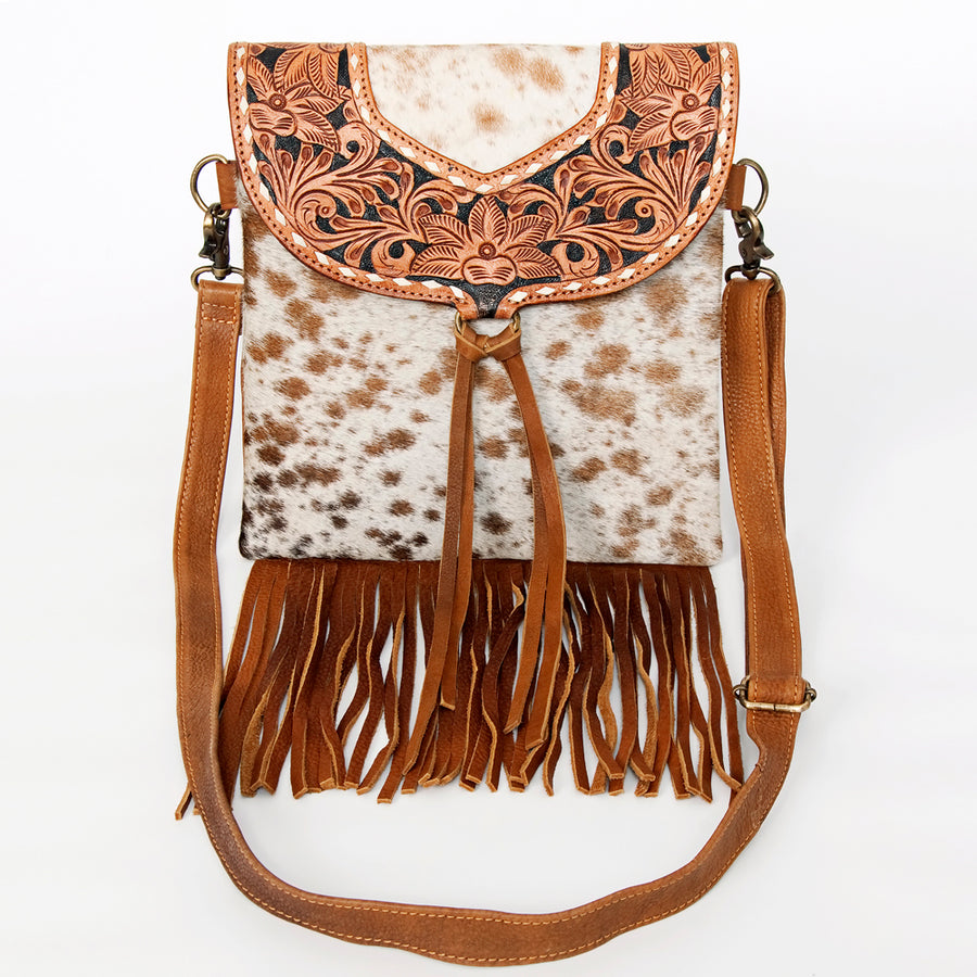 American Darling Messenger Bag Hand Tooled Floral Carved Leather Hair-On Cowhide Fringed Western Bag 10.5in x 11in