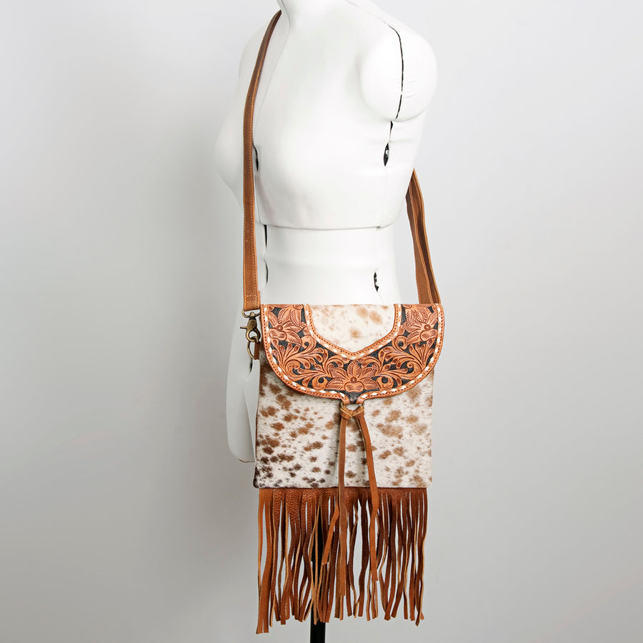 American Darling Messenger Bag Hand Tooled Floral Carved Leather Hair-On Cowhide Fringed Western Bag 10.5in x 11in