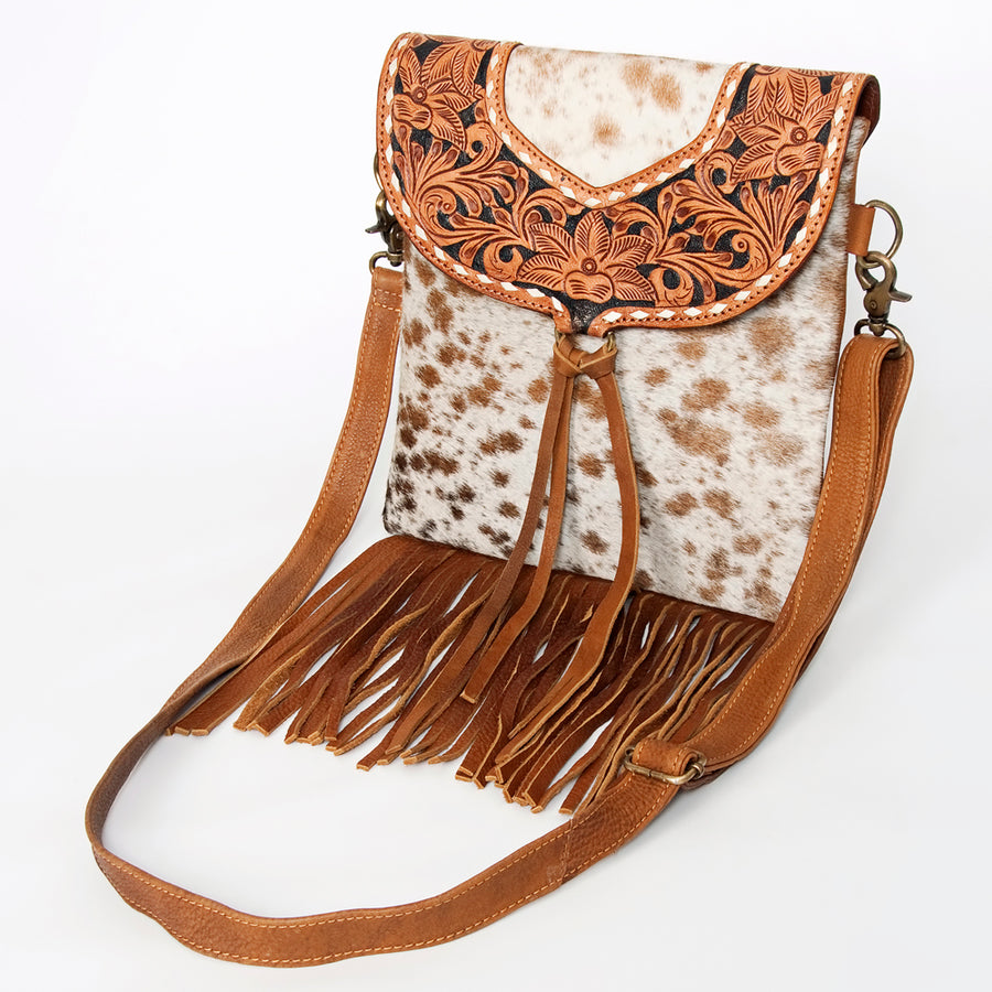 American Darling Hand Tooled Floral Messenger Bag - Fringed Cowhide Western Leather Purse - Hilason