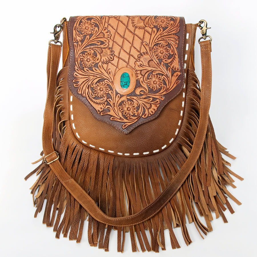 American Darling Messenger Bag Hand Tooled Floral Leather Turquoise Stone Hair-On Cowhide Fringed Bag 12in x 11in