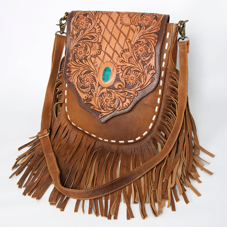 Brown leather crossbody bag with tooled flap and fringe - Uhorse