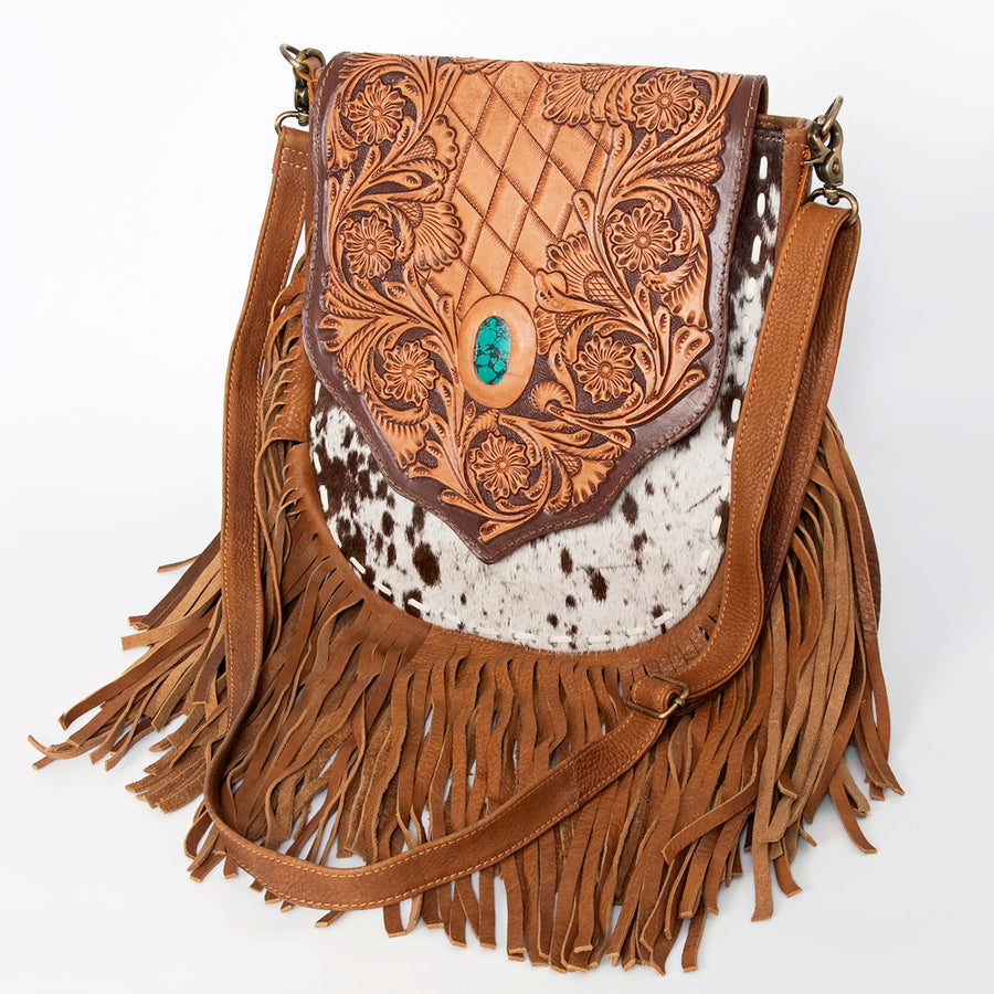 American Darling Hand Tooled Turquoise Messenger Bag - Fringed Cowhide Western Leather Purse - Hilason