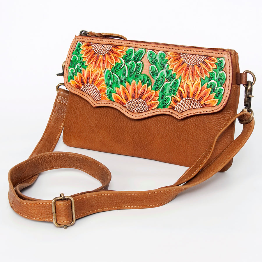 Leather and cowhide crossbody bag with sunflower tooling - Uhorse