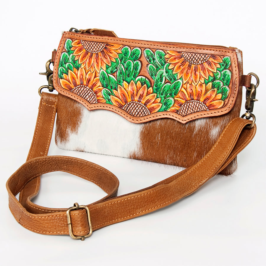 American Darling Small Cross body Bag Hand Tooled Sunflower Cactus Leather & Hair-On Cowhide Western Purse 4.5in x 7in