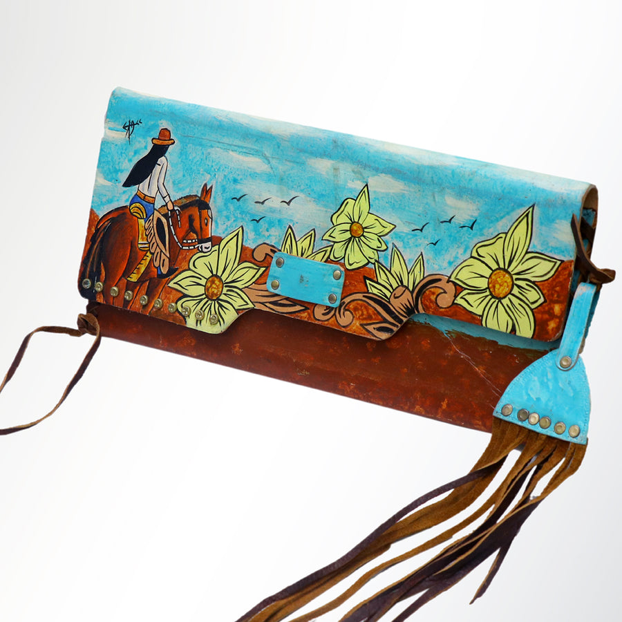 American Darling Envelope Bag - Hand-Painted Vegetable-Tanned Genuine Leather Western Clutch with Fringes - 6.5in x 12in