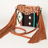 American Darling Western Cross body Bag Hand Tooled Floral Leather & Hand Woven Saddle Blanket with Fringes