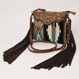 American Darling Western Cross body Bag Hand Tooled Floral Leather & Hand Woven Saddle Blanket with Fringes