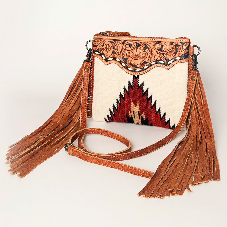 American Darling Hand-Tooled Floral Cross body Bag with Woven Saddle Blanket and Fringes - Uhorse