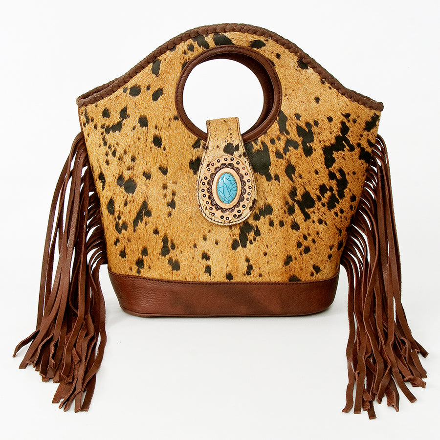 American Darling Clutch Bag, Genuine Vegetable-Tanned Leather, Hair-On Cowhide with Fringes & Turquoise Stone, Western Purse