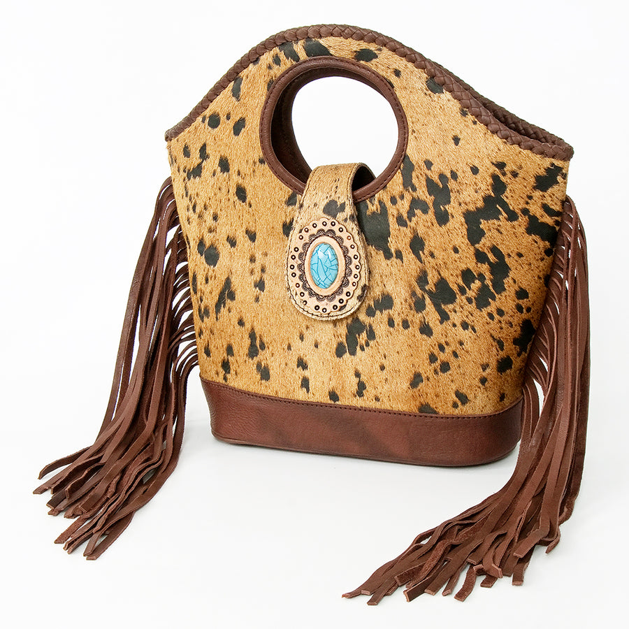 American Darling Western Leather Clutch Bag - Hair-On Cowhide Fringed Purse with Turquoise - Uhorse