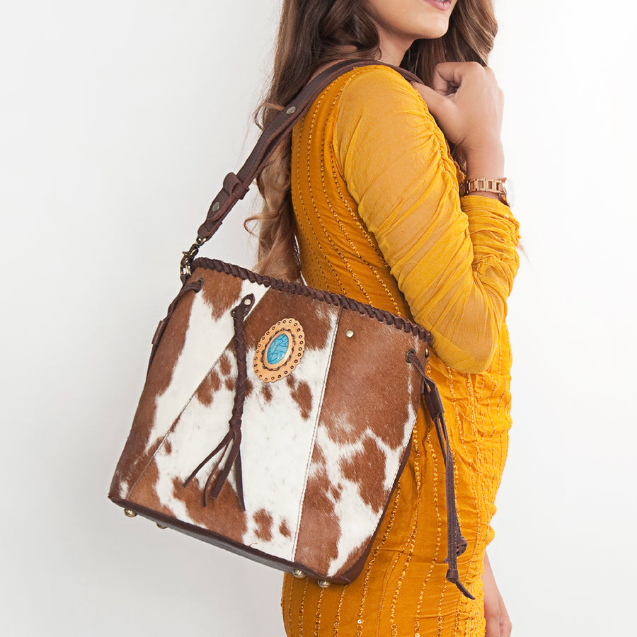 American Darling Bucket Bag, Genuine Vegetable-Tanned Leather, Braided Trim with Tassels & Turquoise, Western Handbag