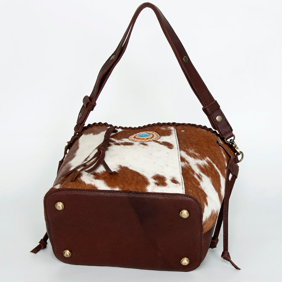 American Darling Bucket Bag, Genuine Vegetable-Tanned Leather, Braided Trim with Tassels & Turquoise, Western Handbag