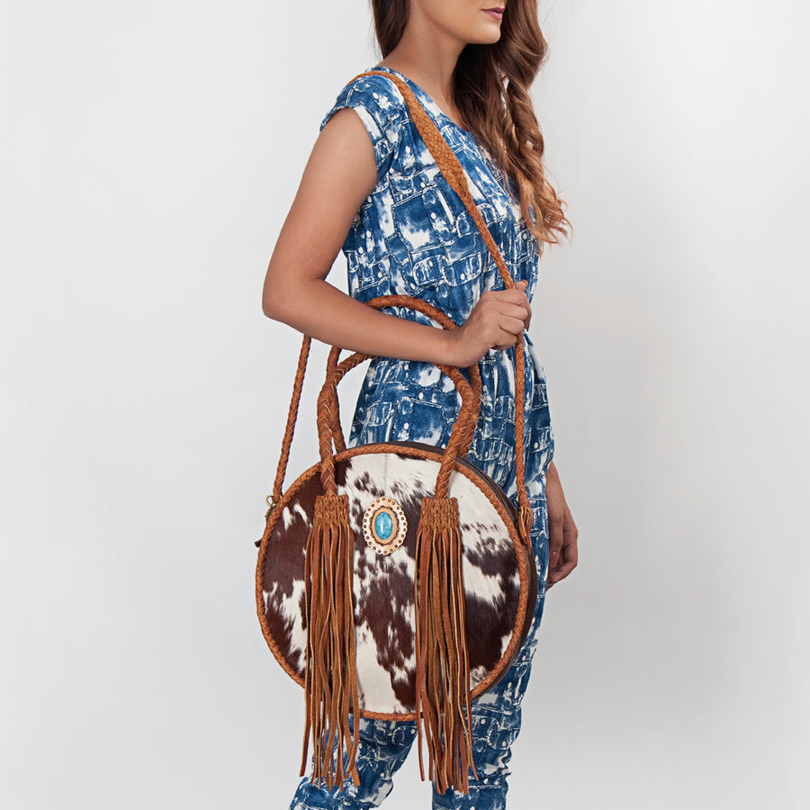 American Darling Canteen Bag, Genuine Vegetable-Tanned Leather, Hair-On Cowhide with Fringes & Turquoise, Western Purse