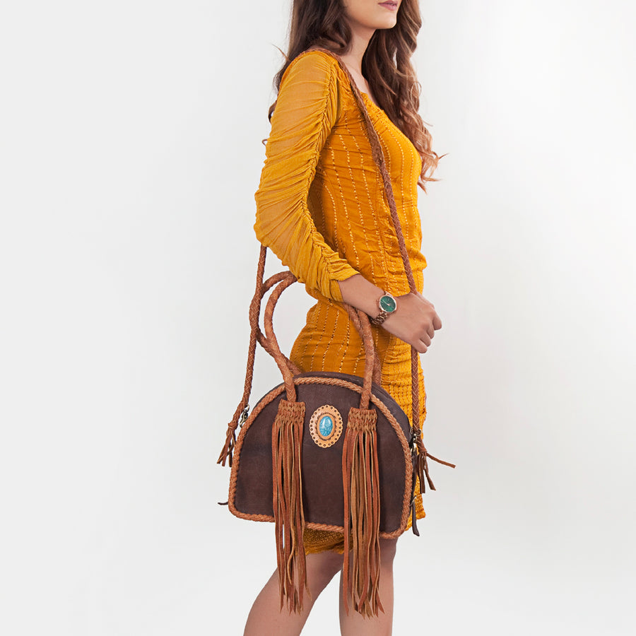American Darling Tote Bag, Genuine Vegetable-Tanned Leather, Braided Trim with Fringes & Turquoise, Western Handcrafted Purse