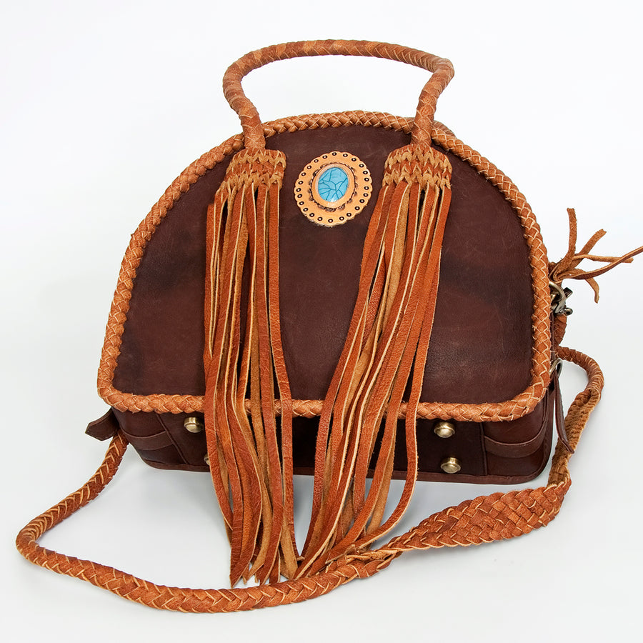 American Darling Tote Bag, Genuine Vegetable-Tanned Leather, Braided Trim with Fringes & Turquoise, Western Handcrafted Purse