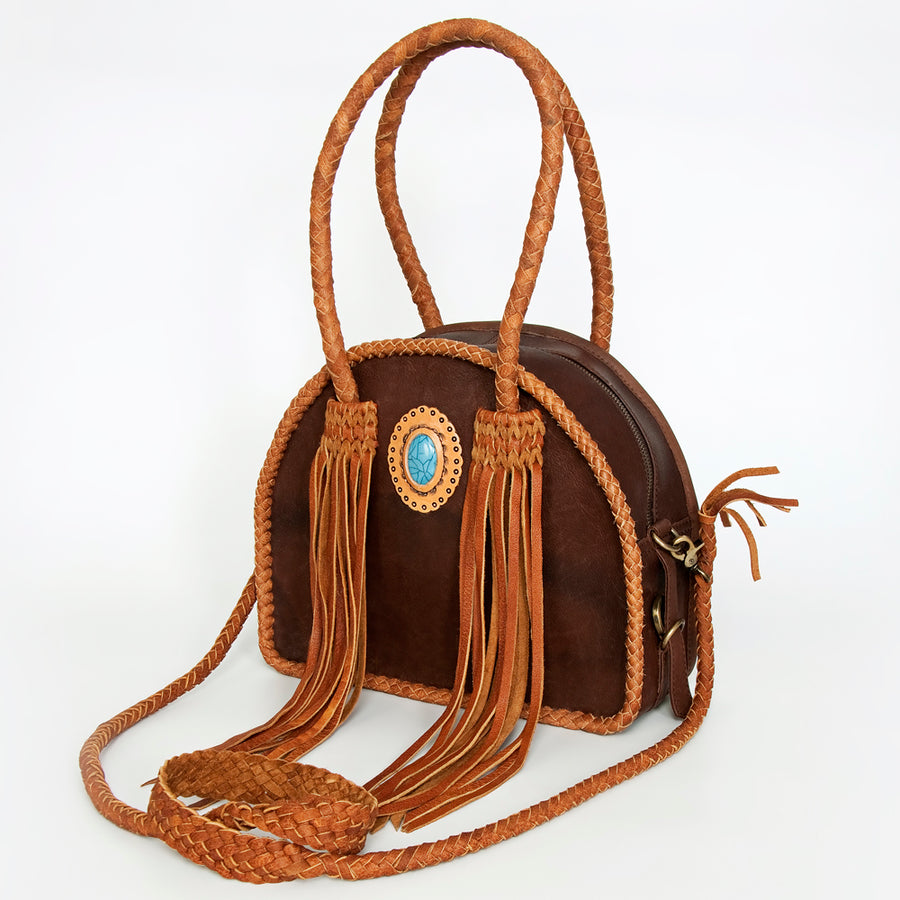American Darling Western Leather Tote Bag - Handcrafted Fringed Braided Turquoise Purse - Uhorse