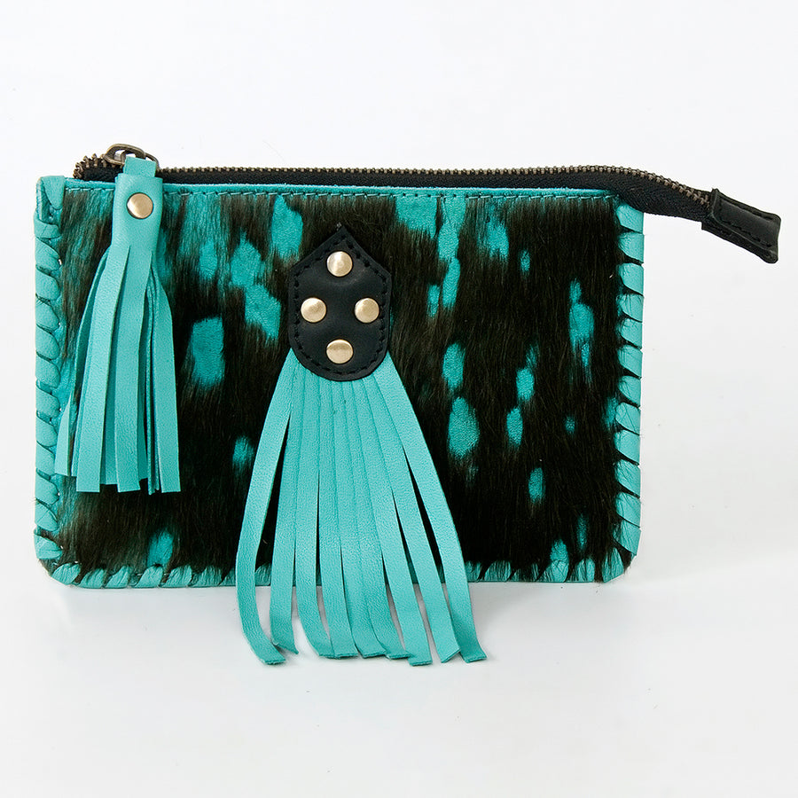 American Darling Coin Purse, Genuine Vegetable-Tanned Leather, Hair-On Cowhide with Tassels & Braided Trim, Western Pouch
