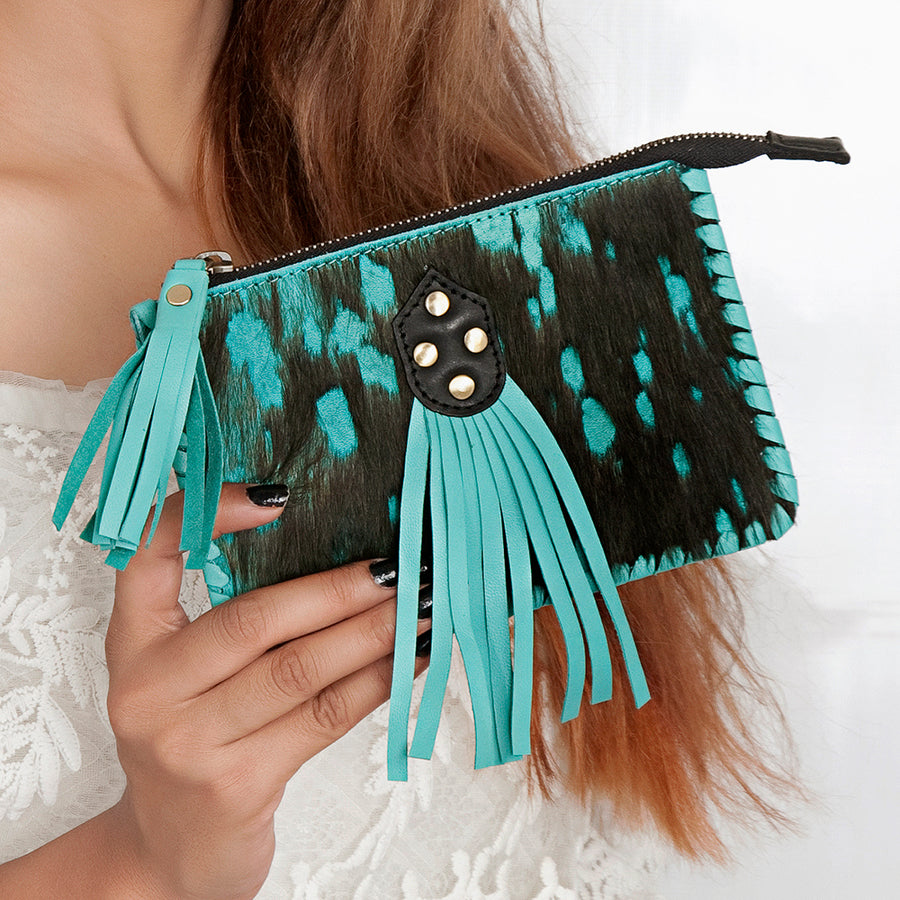 American Darling Coin Purse, Genuine Vegetable-Tanned Leather, Hair-On Cowhide with Tassels & Braided Trim, Western Pouch