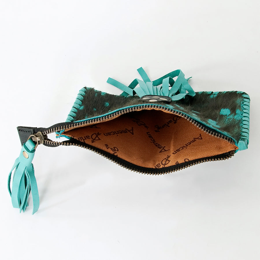 American Darling Coin Purse, Genuine Vegetable-Tanned Leather, Hair-On Cowhide with Tassels & Braided Trim, Western Pouch