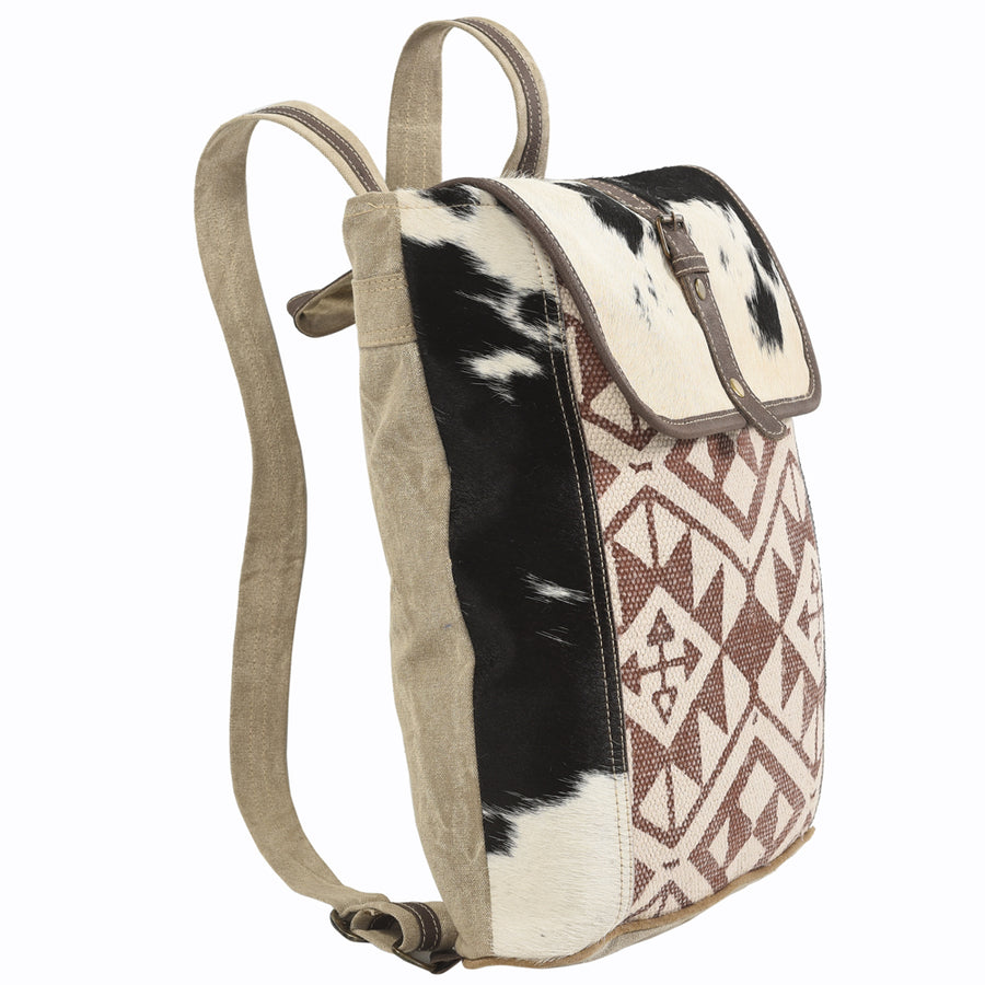 Ohlay Western Cowhide Backpack Women Genuine Top Grain Leather Canvas Travel Bag Hair-On Hide Design Vintage Rucksack