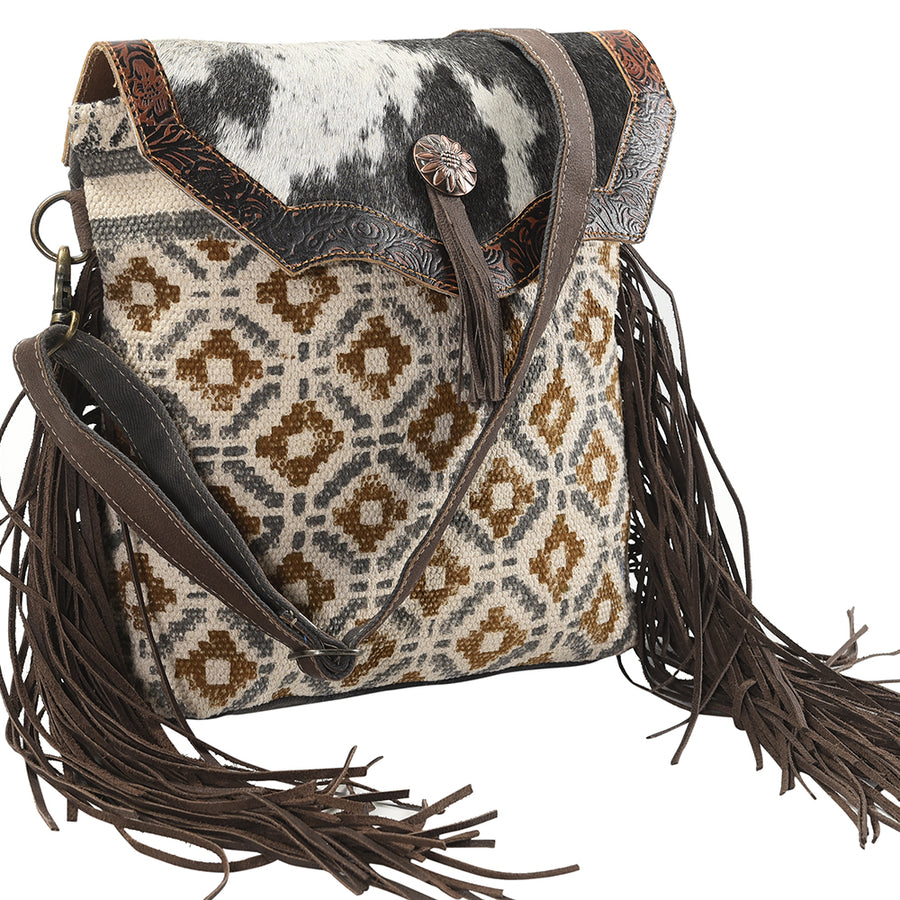 OHLAY Cross Body Upcycled Wool Canvas Embossed Hair-On Genuine Leather Women Bag Western Handbag Purse Womens Handbags