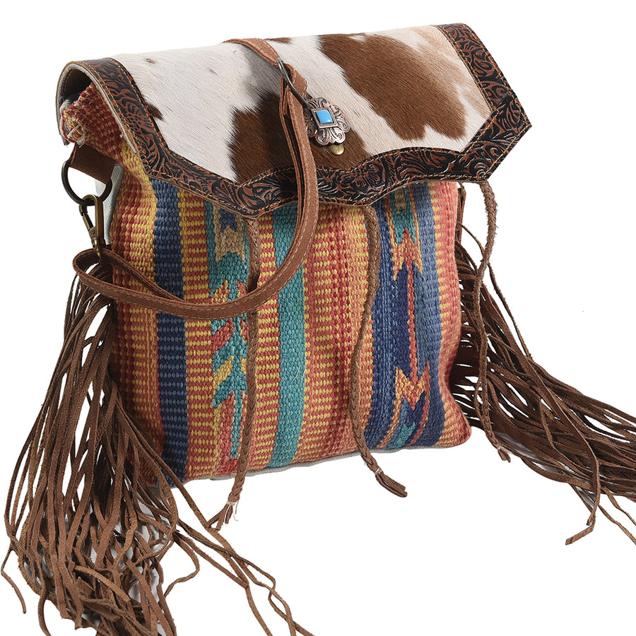 OHLAY Cross Body Upcycled Wool Canvas Embossed Hair-On Genuine Leather Women Bag Western Handbag Purse Womens Handbags