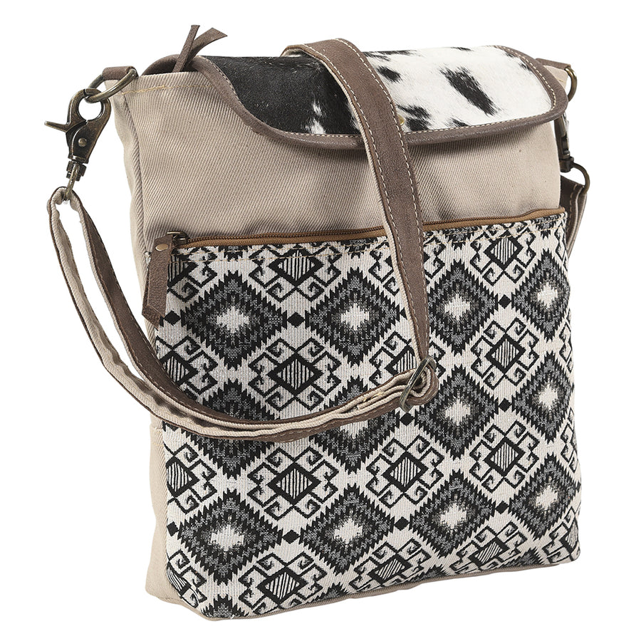 OHLAY Cross Body Upcycled Wool Canvas Embossed Hair-On Genuine Leather Women Bag Western Handbag Purse Womens Handbags
