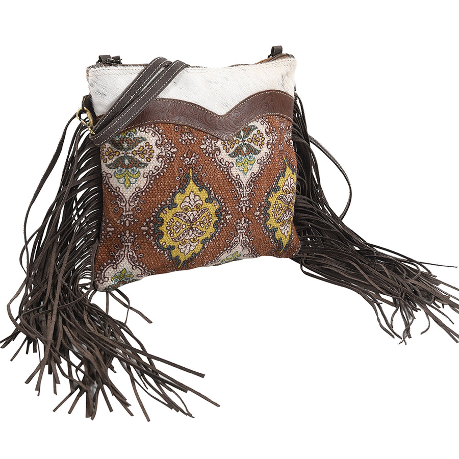 OHLAY Cross Body Upcycled Wool Canvas Embossed Hair-On Genuine Leather Women Bag Western Handbag Purse Womens Handbags