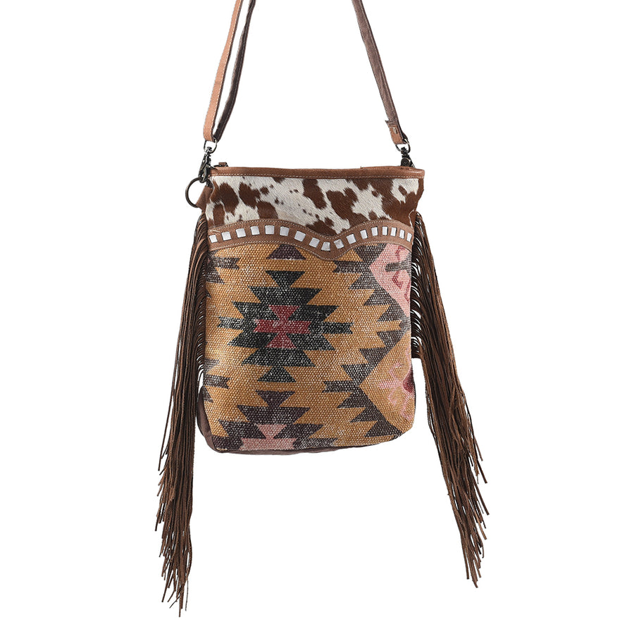 OHLAY Cross Body Upcycled Wool Canvas Embossed Hair-On Genuine Leather Women Bag Western Handbag Purse Womens Handbags