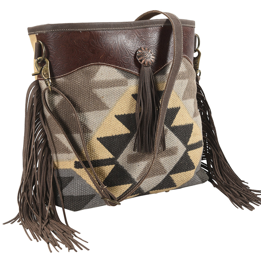 OHLAY Cross Body Upcycled Wool Canvas Embossed Genuine Leather Women Bag Western Handbag Purse Womens Handbags Belt Summer