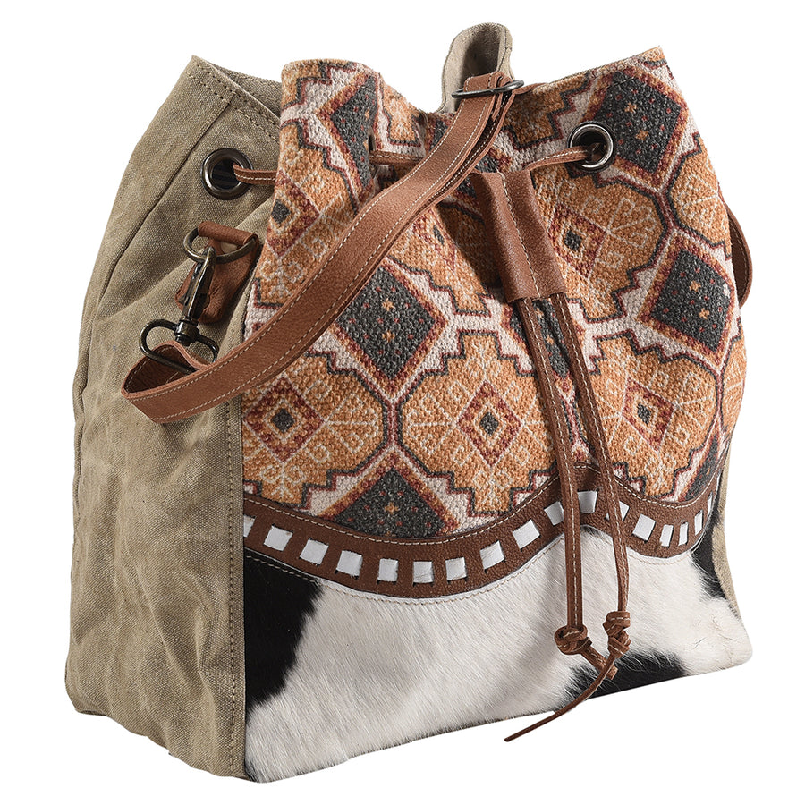 OHLAY Bucket Upcycled Wool Canvas Hair On Genuine Leather Women Bag Western Handbag Purse | Womens Handbags Belt for Summer