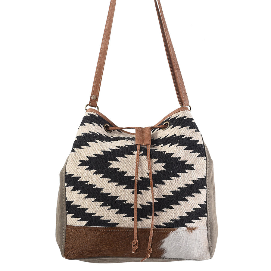 OHLAY Bucket Upcycled Wool Canvas Hair On Genuine Leather Women Bag Western Handbag Purse | Womens Handbags Belt for Summer