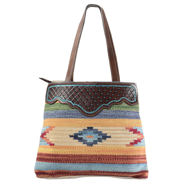 OHLAY KB300 TOTE Hand Tooled Upcycled Wool Canvas Genuine Leather by Hilason – Cowboy and equestrian accessories