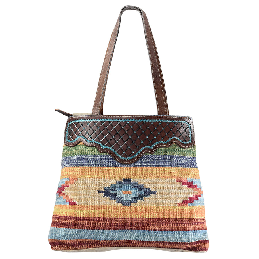 OHLAY KB300 TOTE Hand Tooled Upcycled Wool Canvas Genuine Leather by Hilason – Cowboy and equestrian accessories