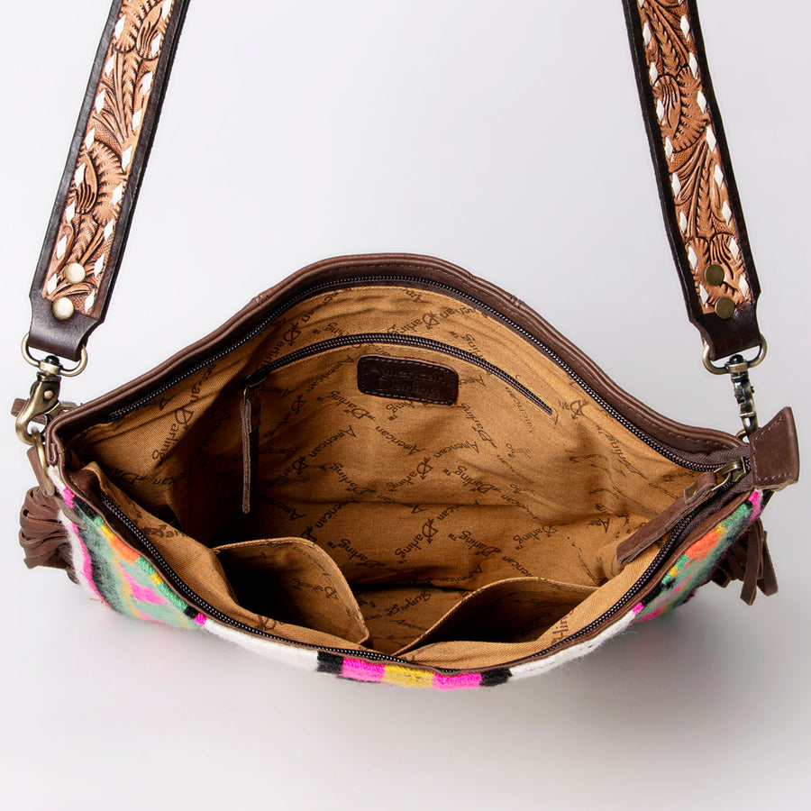 American Darling Large Cross body Bag Hand Woven Saddle Blanket Vegetable-Tanned Genuine Leather Fringes Buck Stitched