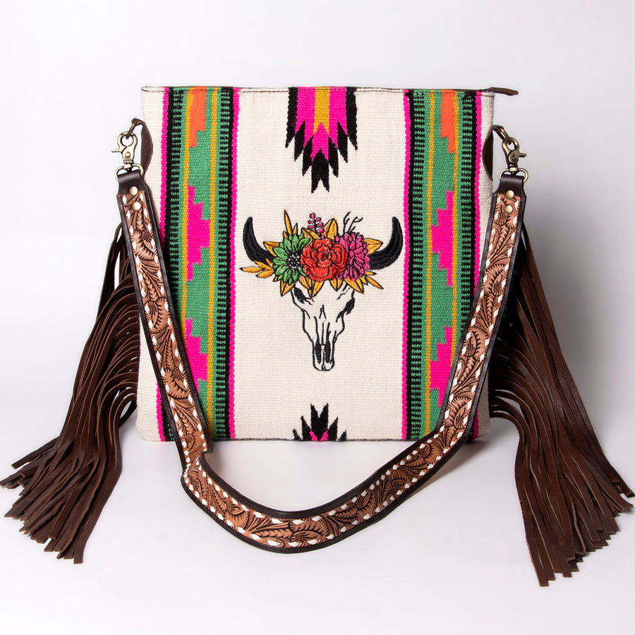 American Darling Large Cross body Bag Hand Woven Saddle Blanket Vegetable-Tanned Genuine Leather Fringes Buck Stitched