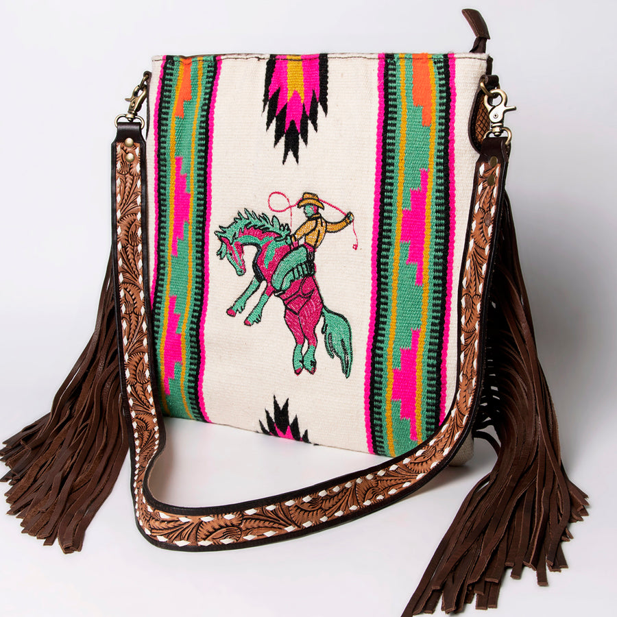 American Darling Large Cross body Bag Hand Woven Saddle Blanket Vegetable-Tanned Genuine Leather Fringes Buck Stitched