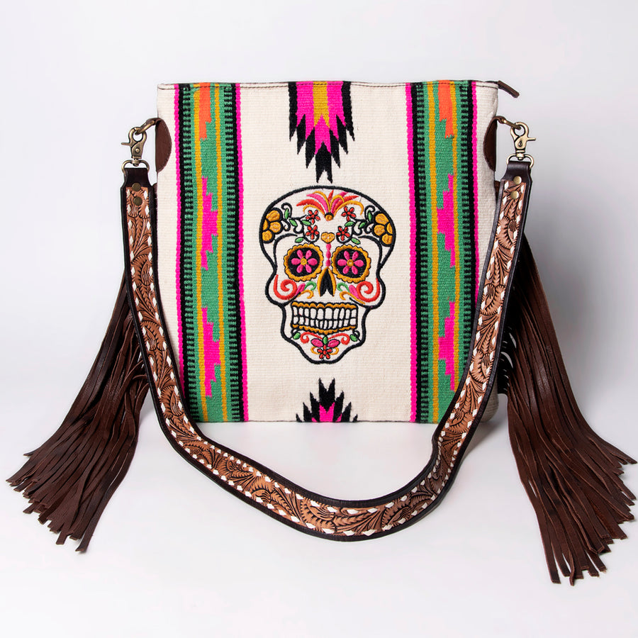 American Darling Large Cross body Bag Hand Woven Saddle Blanket Vegetable-Tanned Genuine Leather Fringes Buck Stitched