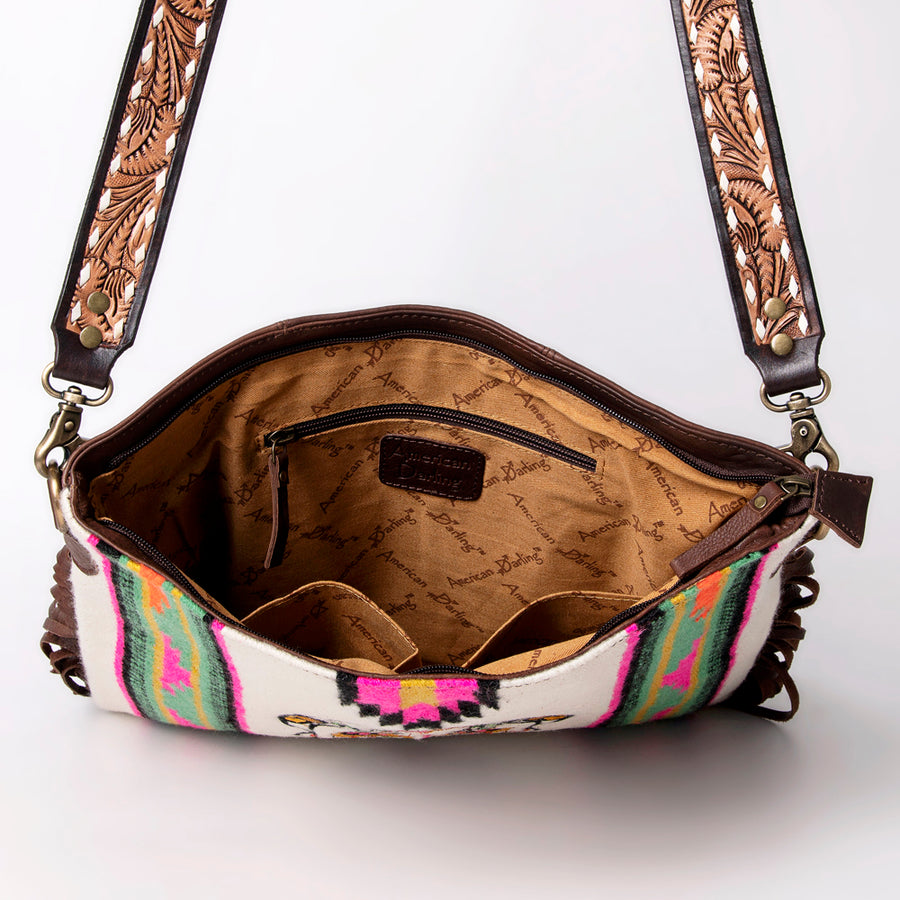 American Darling Large Cross body Bag Hand Woven Saddle Blanket Vegetable-Tanned Genuine Leather Fringes Buck Stitched