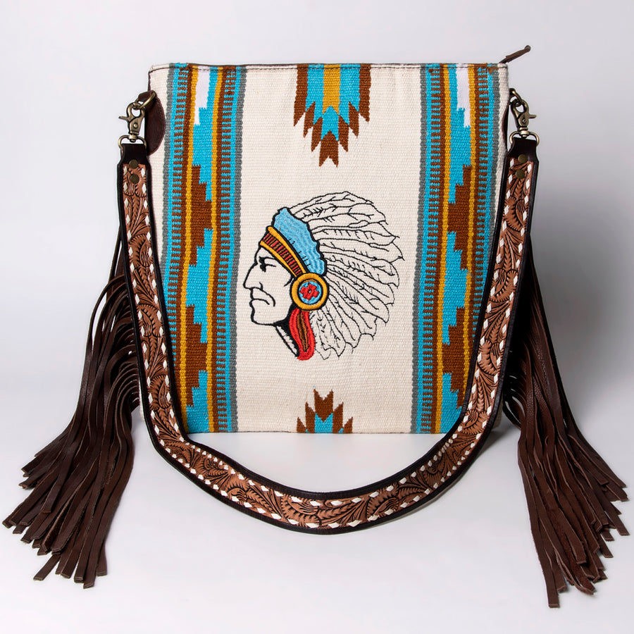 American Darling Large Cross body Bag Hand Woven Saddle Blanket Vegetable-Tanned Genuine Leather Fringes Buck Stitched