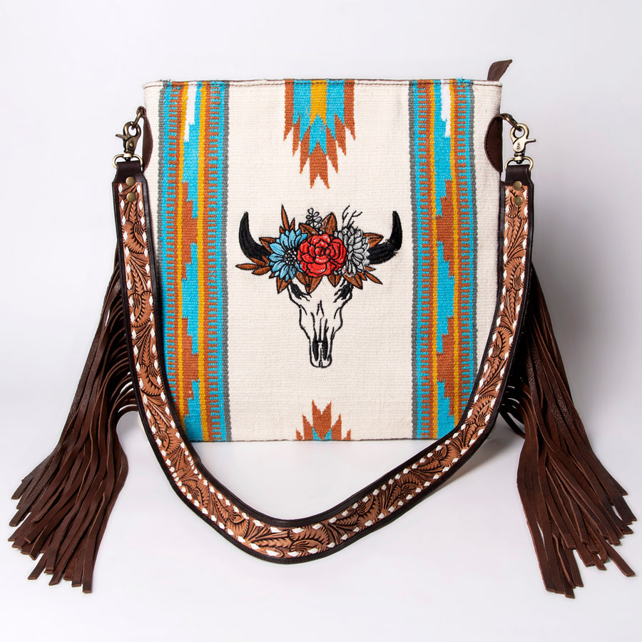 American Darling Large Cross body Bag Hand Woven Saddle Blanket Vegetable-Tanned Genuine Leather Fringes Buck Stitched