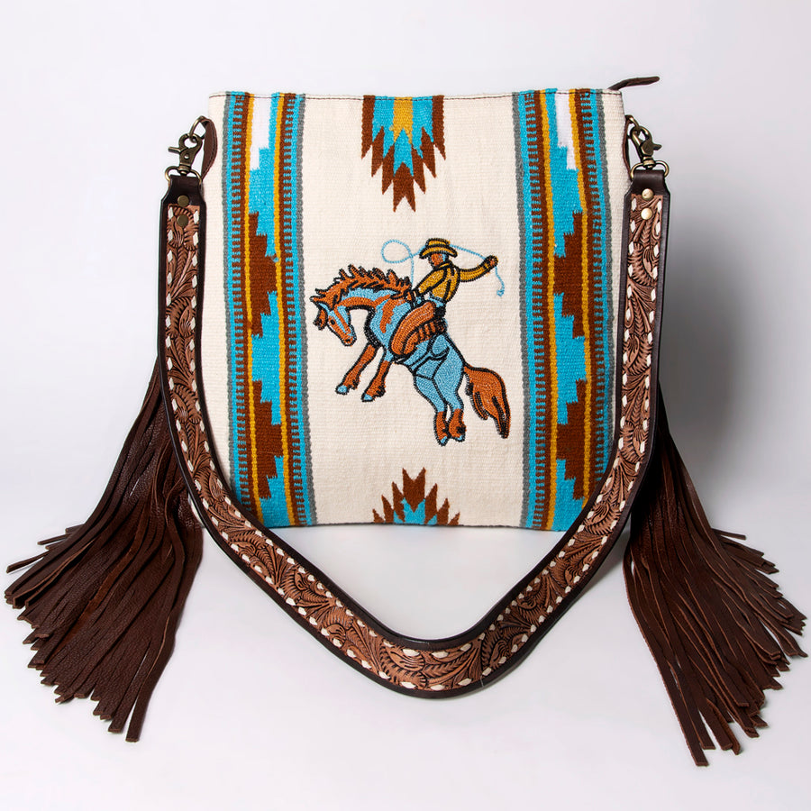 American Darling Large Cross body Bag Hand Woven Saddle Blanket Vegetable-Tanned Genuine Leather Fringes Buck Stitched