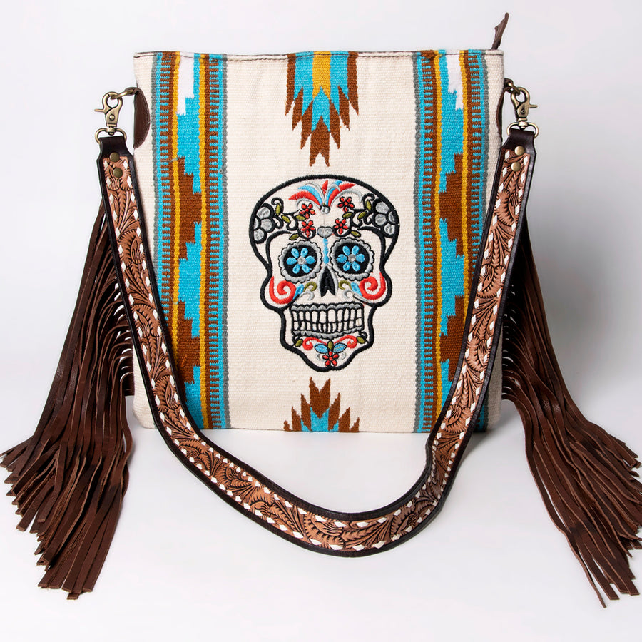 American Darling Large Cross body Bag Hand Woven Saddle Blanket Vegetable-Tanned Genuine Leather Fringes Buck Stitched